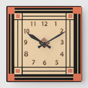 Horloge Carrée Nouveau style Art déco (orange, noir et crème)