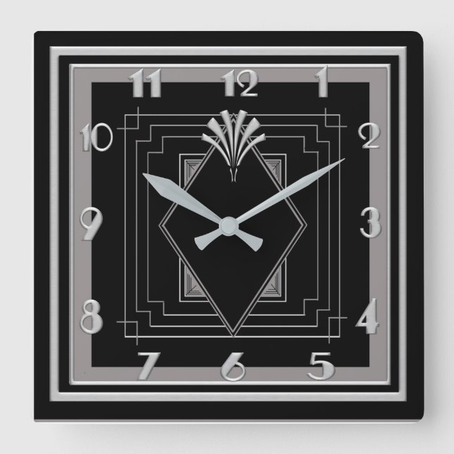 Horloge Carrée Nouveau Très Art Déco (Argent/Noir) (Recto)