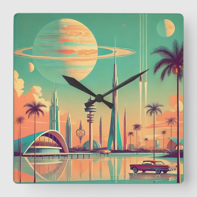 Horloge Carrée Nouvelle Floride Futuriste Atomique (Recto)