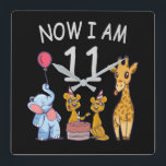 Horloge Carrée Now I, 11 ans old 11th Birthday at the Zoo<br><div class="desc">Joyeux anniversaire. Funny and lovely Kids Birthday design with a cute Elephant,  two ferrets and a girafe celebrating your birthday at the zoo.</div>