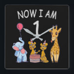 Horloge Carrée Now I le 1er jour du Birthday<br><div class="desc">Joyeux anniversaire. Funny and lovely Kids Birthday design with a cute Elephant,  two ferrets and a girafe celebrating your birthday at the zoo.</div>