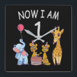 Horloge Carrée Now I le 1er jour du Birthday<br><div class="desc">Joyeux anniversaire. Funny and lovely Kids Birthday design with a cute Elephant,  two ferrets and a girafe celebrating your birthday at the zoo.</div>