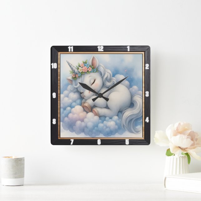 Horloge Carrée Nuage de licorne endormie rêveuse (Maison)