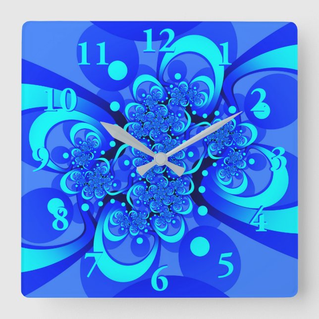 Horloge Carrée Nuances de bleu Art fractal abstrait moderne (Recto)