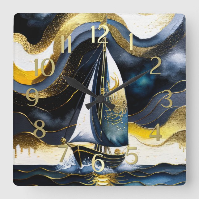 Horloge Carrée Nuit de bateau à voile Abstraite peinture aquarell (Recto)