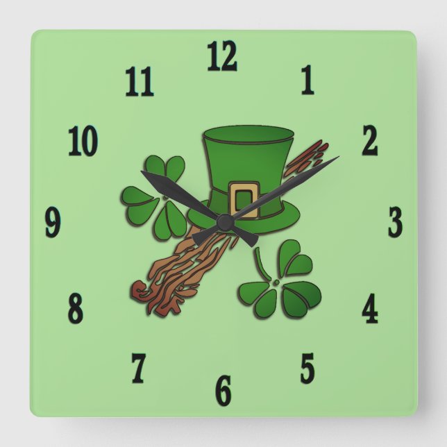 Horloge Carrée Numéro noir Irish Hat and Shamrocks (Recto)
