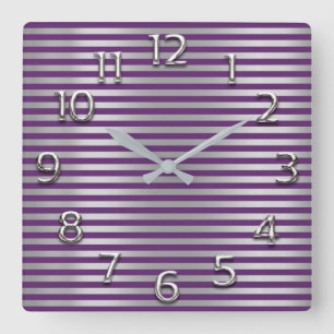 Horloge Carrée Numéros arabes gris argenté Plum violet ligne band