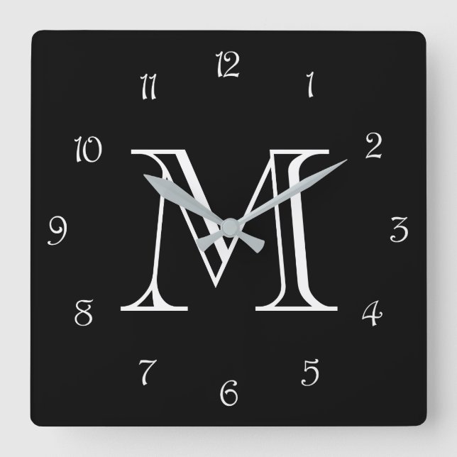 Horloge Carrée Numéros de script blanc monogramme sur wccn noir (Recto)