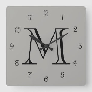 Horloge Carrée Numéros de script noir monogramme sur ccn gris