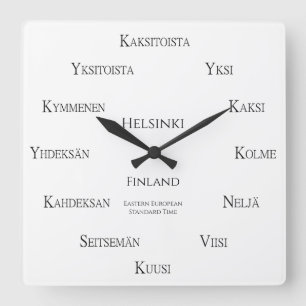 Horloge Carrée Numéros finlandais Personnalisé Ville Pays Fuseau