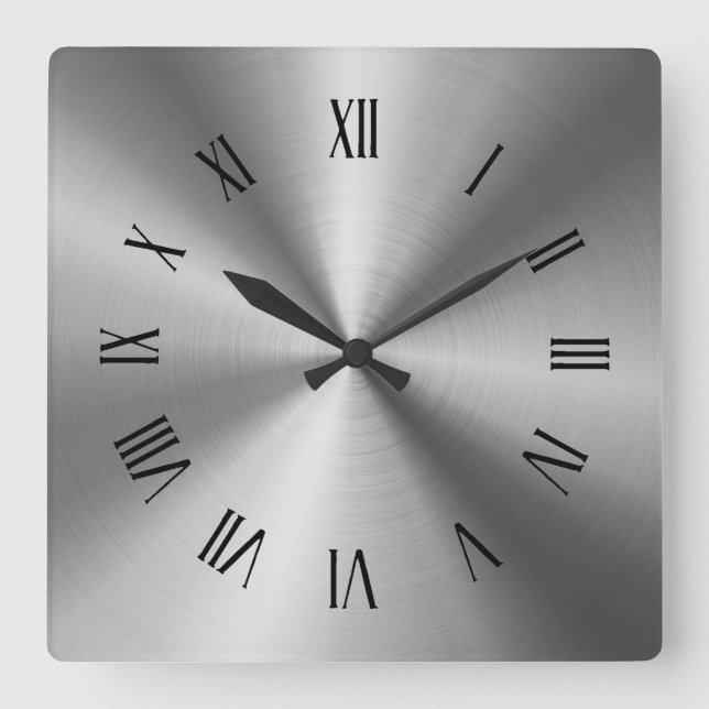 Horloge Carrée Numéros romains gris brillant en acier métallique  (Recto)