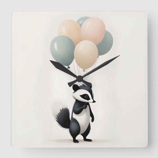 Horloge Carrée Nursery Chambre Enfants Ballons Skunk Bohème Minim (Recto)