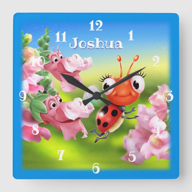Horloge Carrée Nursery clock Ladybug in the flower garden. (Recto)