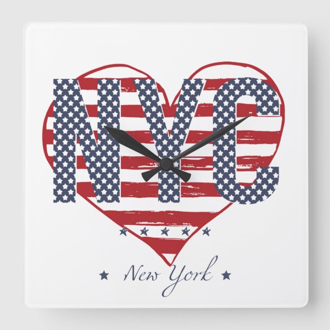 Horloge Carrée NYC American Flag Heart (Recto)