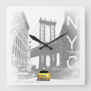 Horloge Carrée Nyc Yellow Taxi Brooklyn Bridge Pop Art Photo