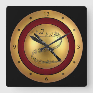Horloge Carrée Oboe~Musical Scroll~Gold/Maroon/Black Background~
