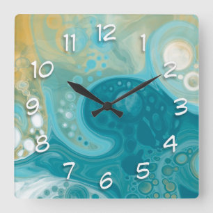Horloge Carrée Ocean Blue Waves et Sandy Brown Fluid Art