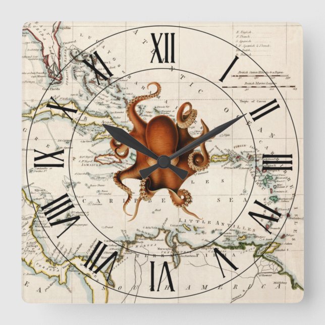 Horloge Carrée Octopus~Antilles~Carte marine 1785 des Caraïbes ~ (Recto)