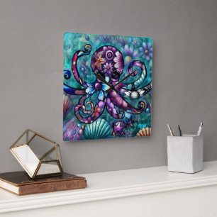 Horloge Carrée Octopus lunaire Floral Turquoise Purple Bleu Côte