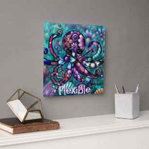 Horloge Carrée Octopus lunaire Turquoise floral côtier Personnali