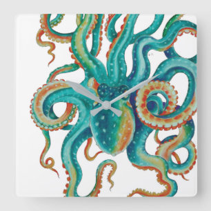 Horloge Carrée Octopus Turquoise aquarelle Art