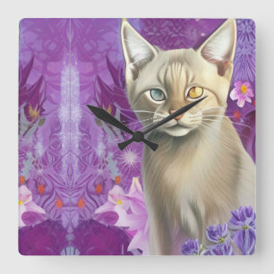 Horloge Carrée Odd Eyed Siamese Kitten en violet