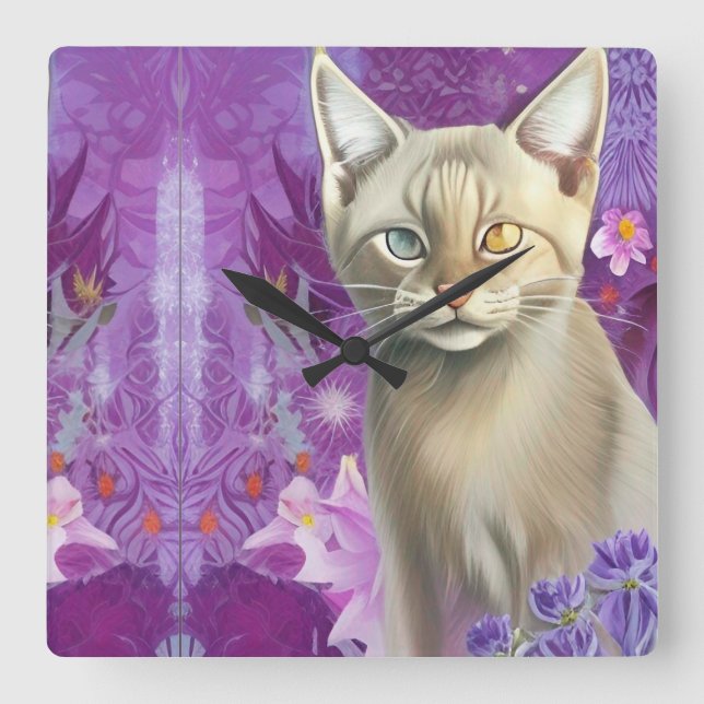 Horloge Carrée Odd Eyed Siamese Kitten en violet (Recto)