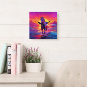 Horloge Carrée Œuvre d'art époustouflante de cheval au coucher du