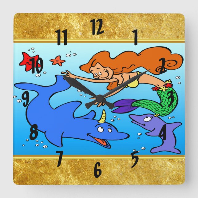 Horloge Carrée OEuvre d'art pour les dauphins sous-marins (Recto)