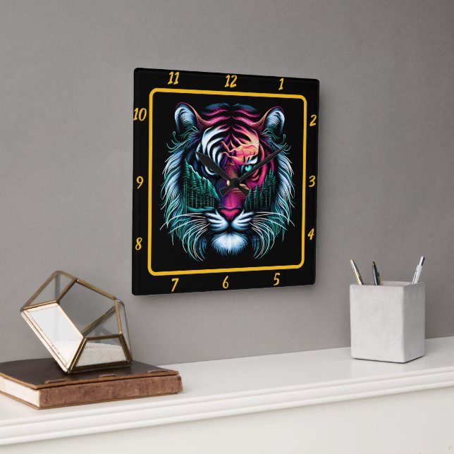 Horloge Carrée Oeuvre de Neon Predator Tiger (Bureau)