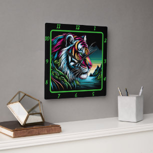 Horloge Carrée Oeuvre Savage De Tigre De Neon