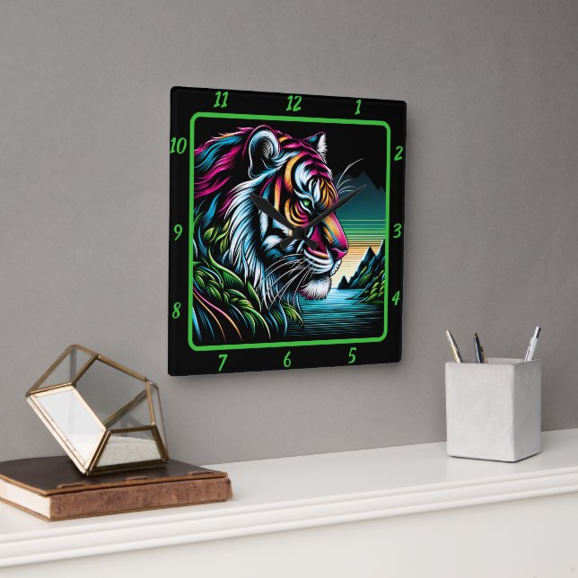 Horloge Carrée Oeuvre Savage De Tigre De Neon (Bureau)