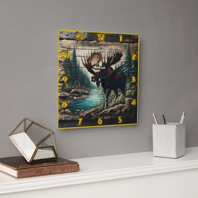 Horloge Carrée Oie debout près d'un ruisseau dans un cadre forest (Bureau)