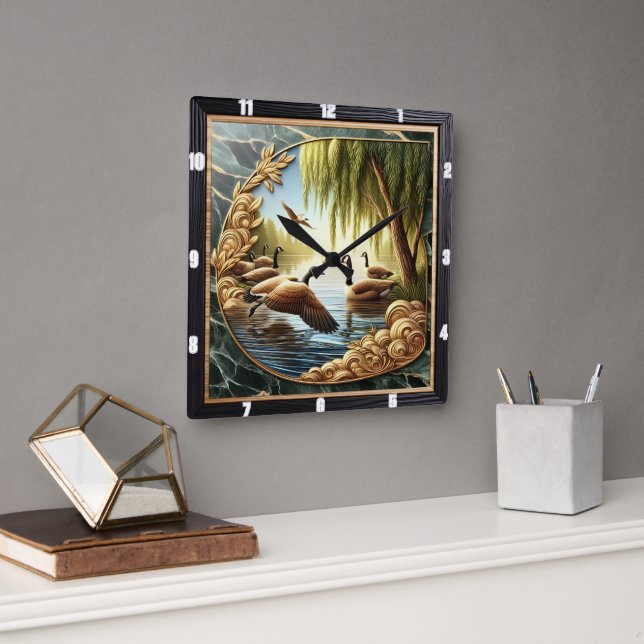 Horloge Carrée Oie grise Rivière Rustique (Bureau)