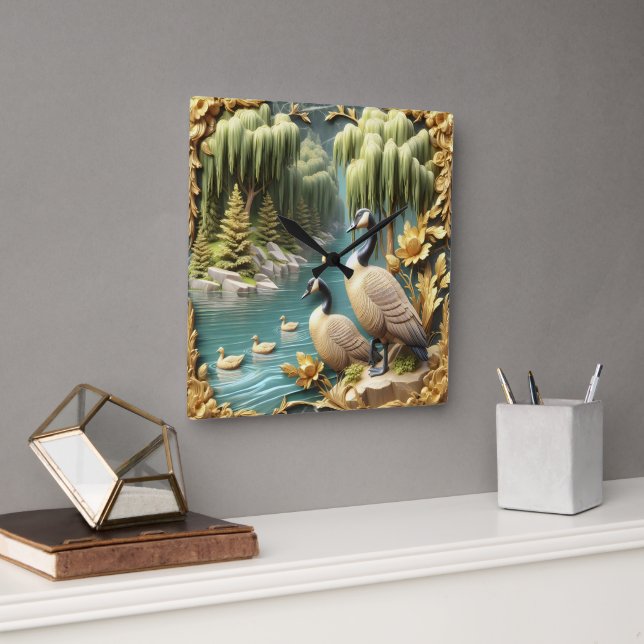 Horloge Carrée Oies du Canada au milieu des saules qui pleuvent (Bureau)