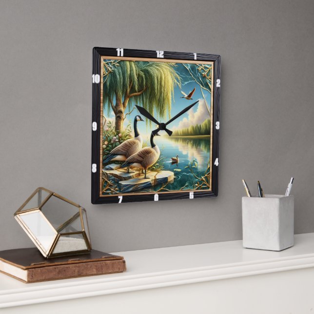 Horloge Carrée Oies et canards Oies sauvages Rivière Rustique (Bureau)
