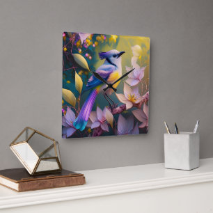 Horloge Carrée Oiseau à poitrine jaune violet