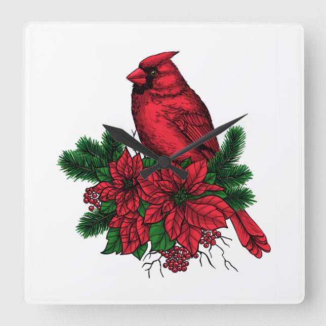 Horloge Carrée Oiseau cardinal, illustration de Noël (Recto)