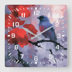 Horloge Carrée Oiseau chanteur bleu avec fleurs rouges de cerisie