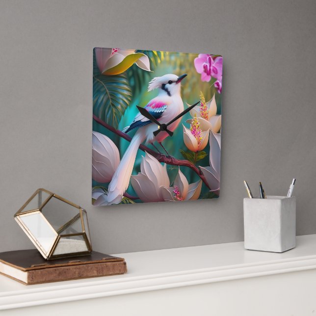 Horloge Carrée Oiseau d'Imaginaire tacheté blanc crêpé (Bureau)