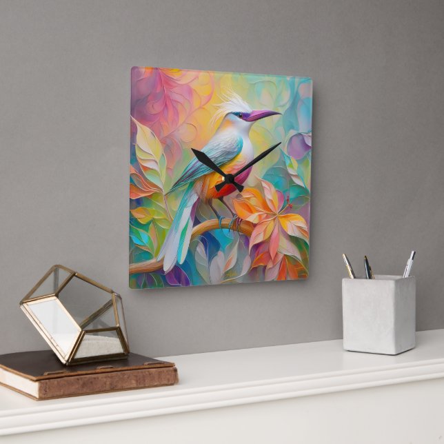 Horloge Carrée Oiseau Fantastique à Sein Rose et Bec Rose (Bureau)