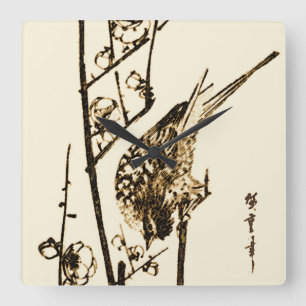 Horloge Carrée Oiseau japonais sur une branche - Brun et beige