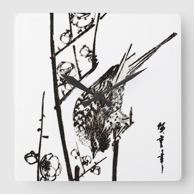 Horloge Carrée Oiseau japonais sur une branche - noir et blanc (Recto)