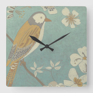 Horloge Carrée Oiseau jaune, gris et beige été perché sur une
