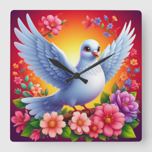 Horloge Carrée Oiseau perché parmi des fleurs colorées