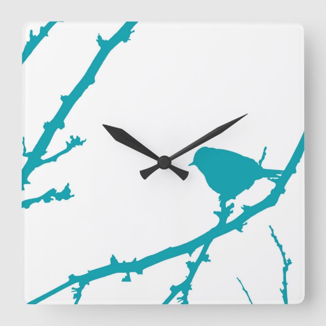 Horloge Carrée Oiseau sur une branche Silhouette_Turquoise (Recto)