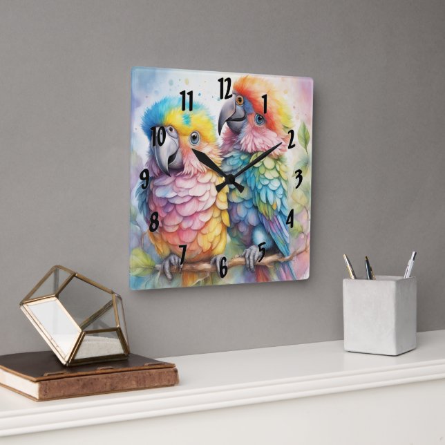 Horloge Carrée Oiseaux arc-en-ciel Parrots 1 (Bureau)