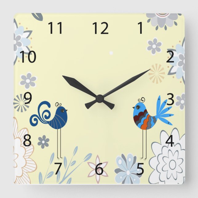 Horloge Carrée Oiseaux bleus décoratifs modernes (Recto)