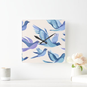 Horloge Carrée Oiseaux bleus en vol   Aquarelle moderne