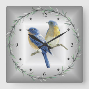 Horloge Carrée Oiseaux bleus et jaunes Bague à feuilles vertes Bl